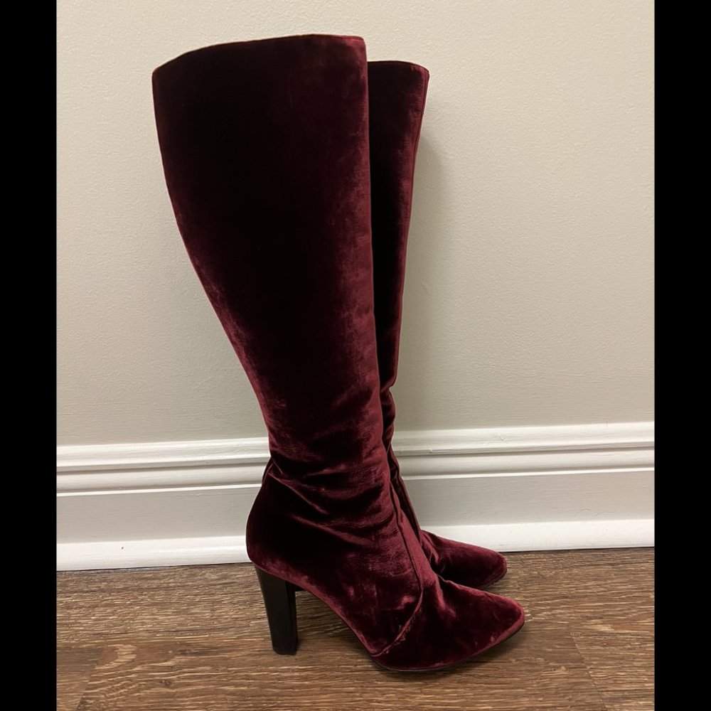 Saint Laurent Velvet Lily 95 Tall Boot in New Bordeaux